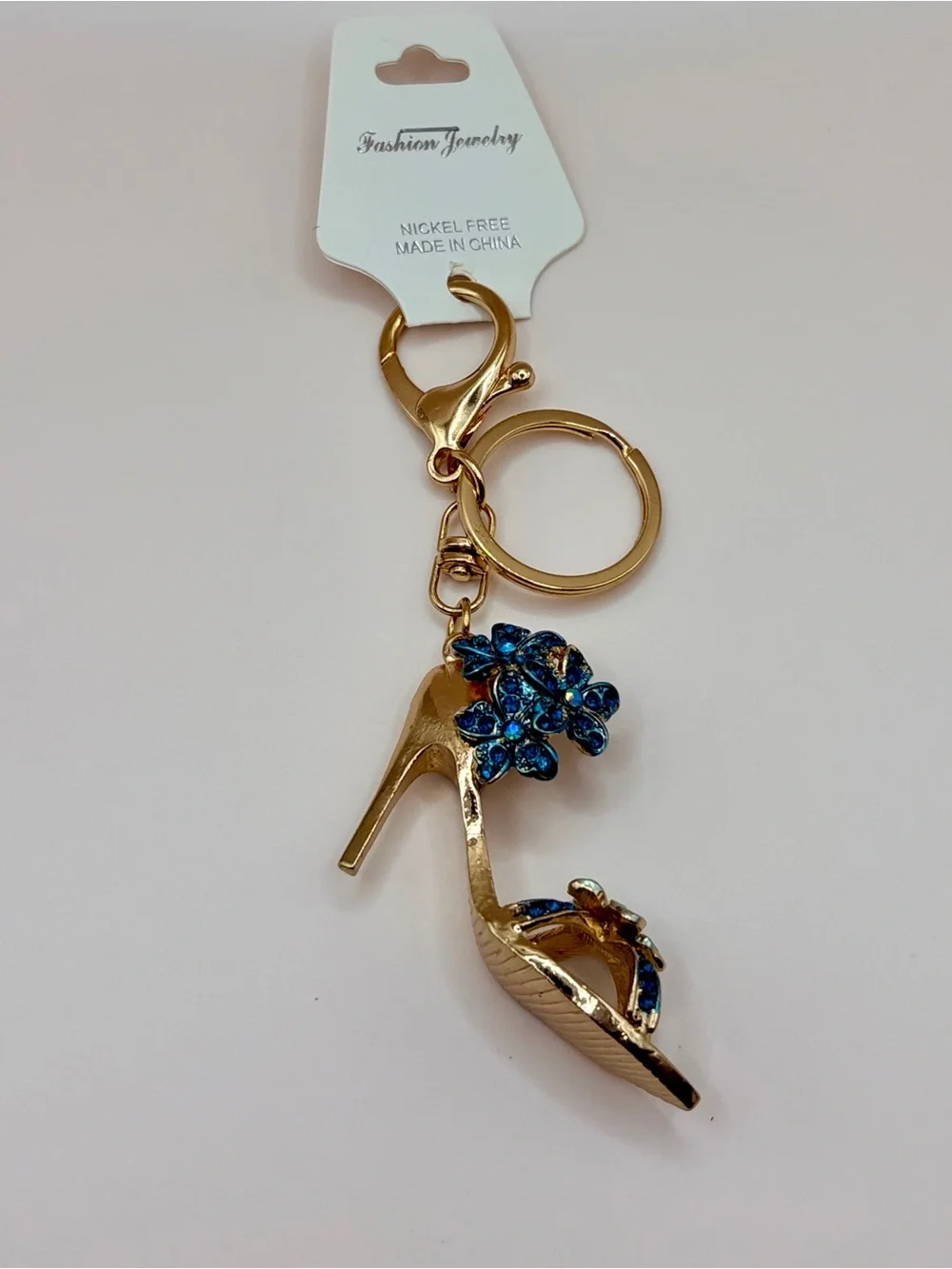 Bougie Gold High Heel Keychain with Blue Crystal Flower Accents